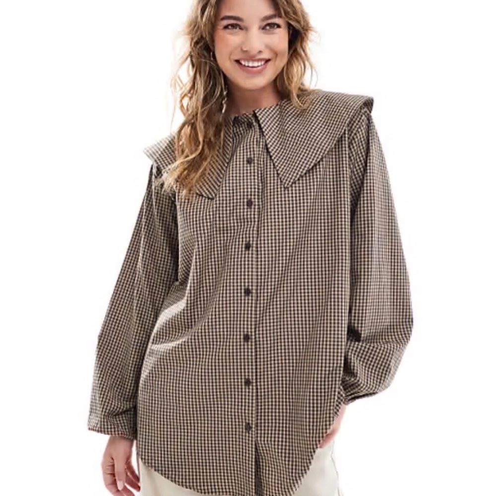 ASOS Design Oversized Collar Longline Check Brown & Black Shirt Size XS Women’s